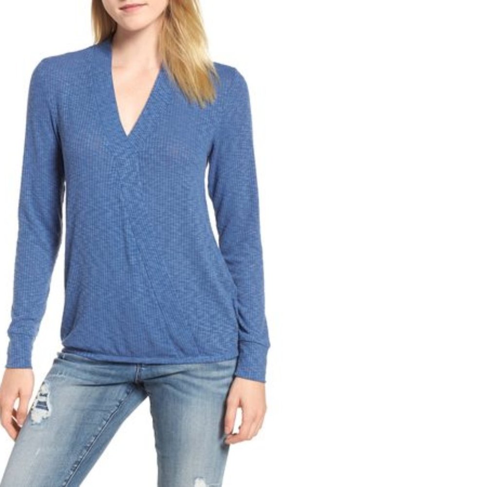 Bobeau Faux Wrap Knit Top XXS Petite NWT Cornflower Blue